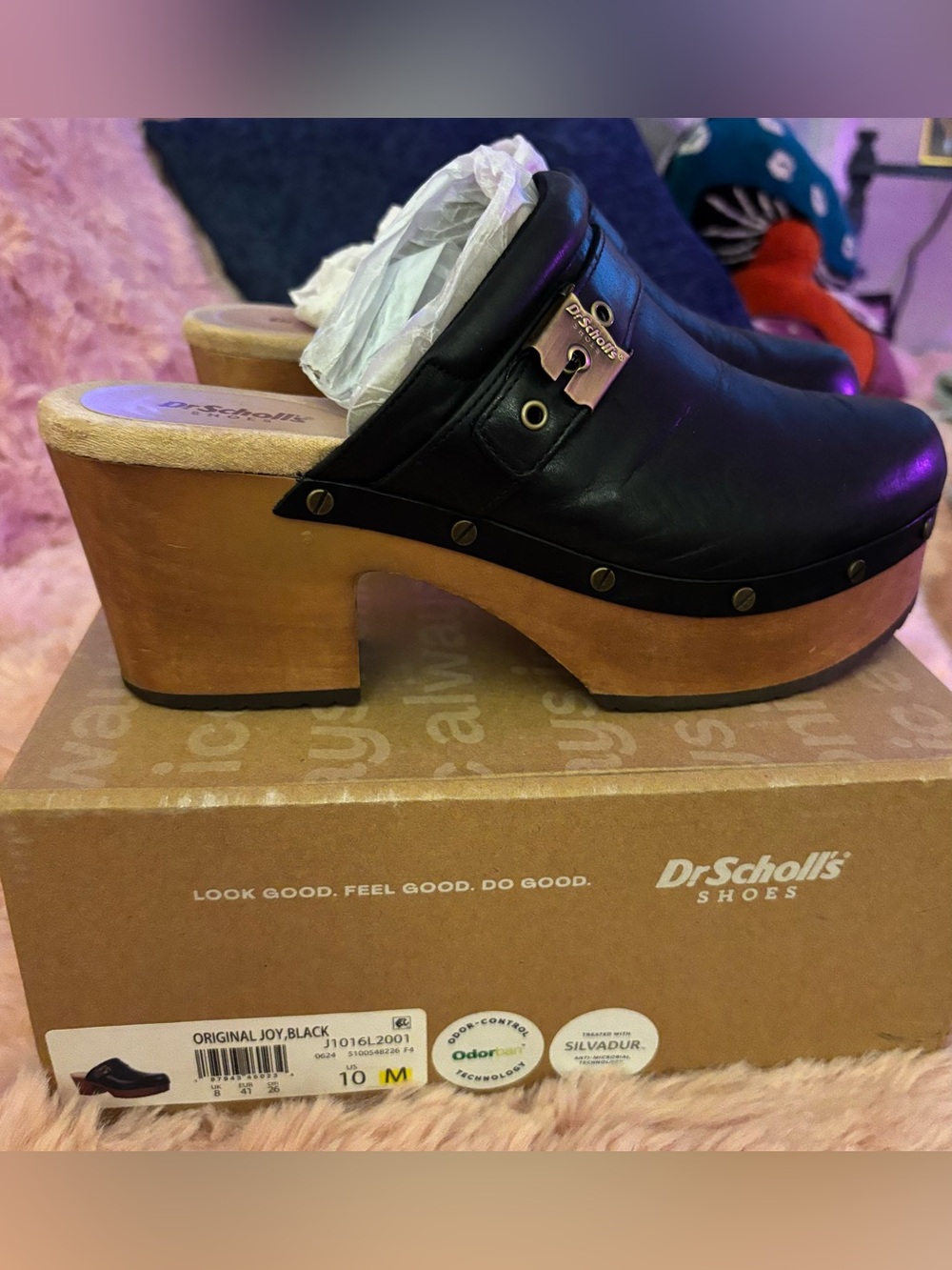 Dr. Scholl's Black Leather Platform Clog with Wood Heel